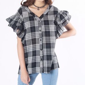 Grey Short Sleeve Ruffle Checked Button Down Shirt